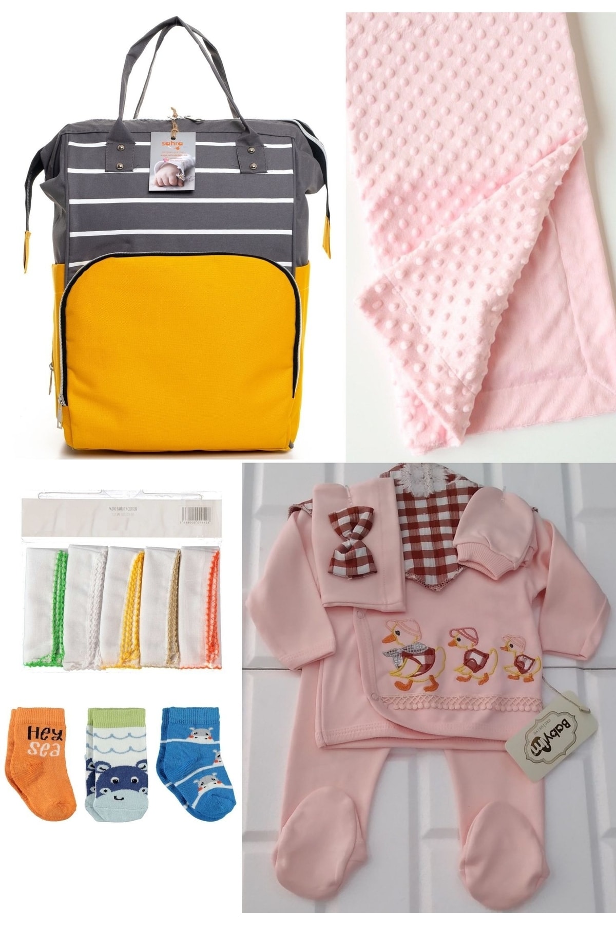 5-Piece Delivery Set (Baby Care Backpack,Hospital Checkout,Chickpea Blanket, 10 Wipes and 3 Socks)