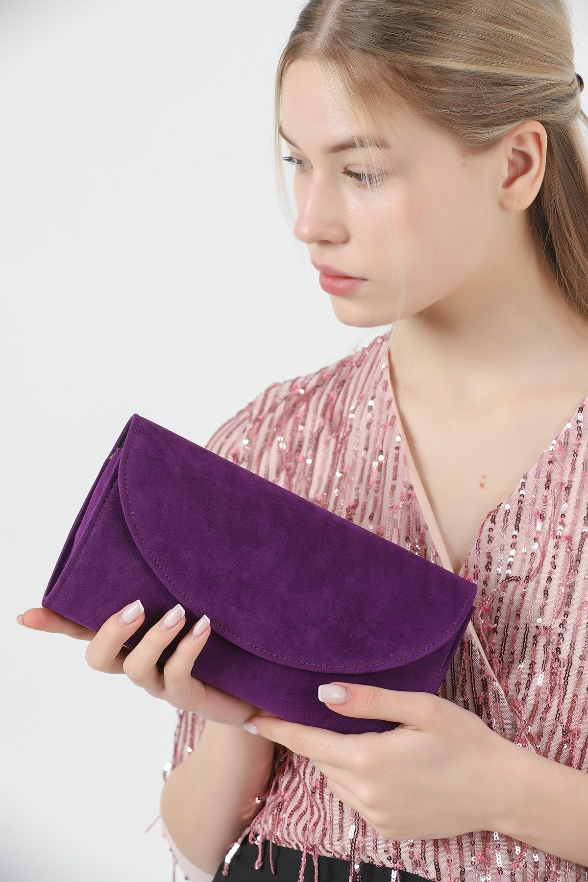 Purple suede shop clutch bag