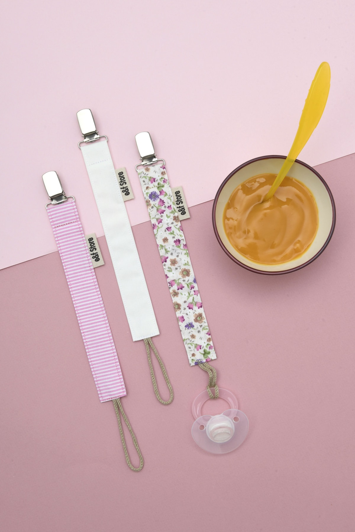 e&f Store 3'lü Beyaz Çiçek Desenli Pembe Çizgili Emzik Askısı Seti - Emzik Zinciri - %100 Pamuk Kumaş