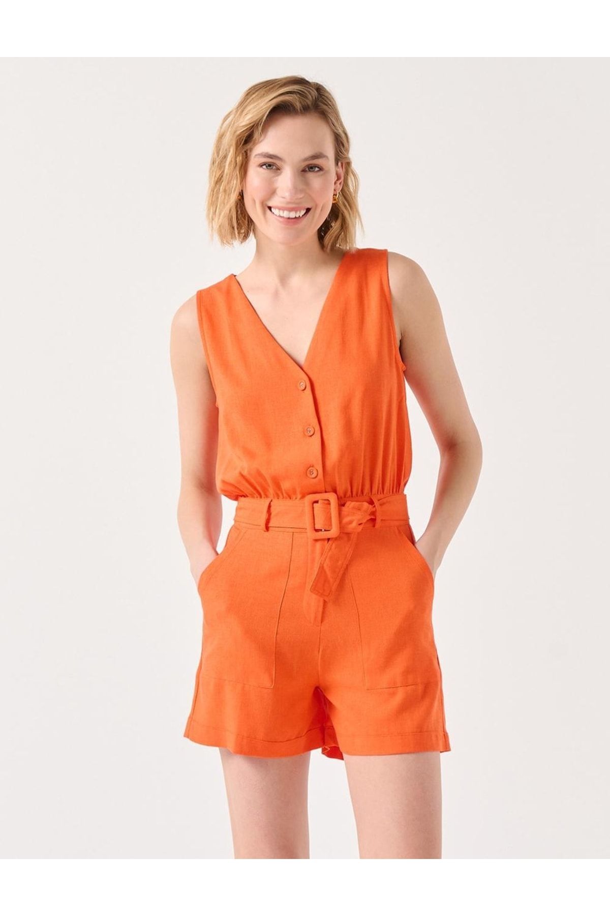 Jimmy Key Orange V Neck Belt Detailed Pocket Linen Jumpsuit Trendyol