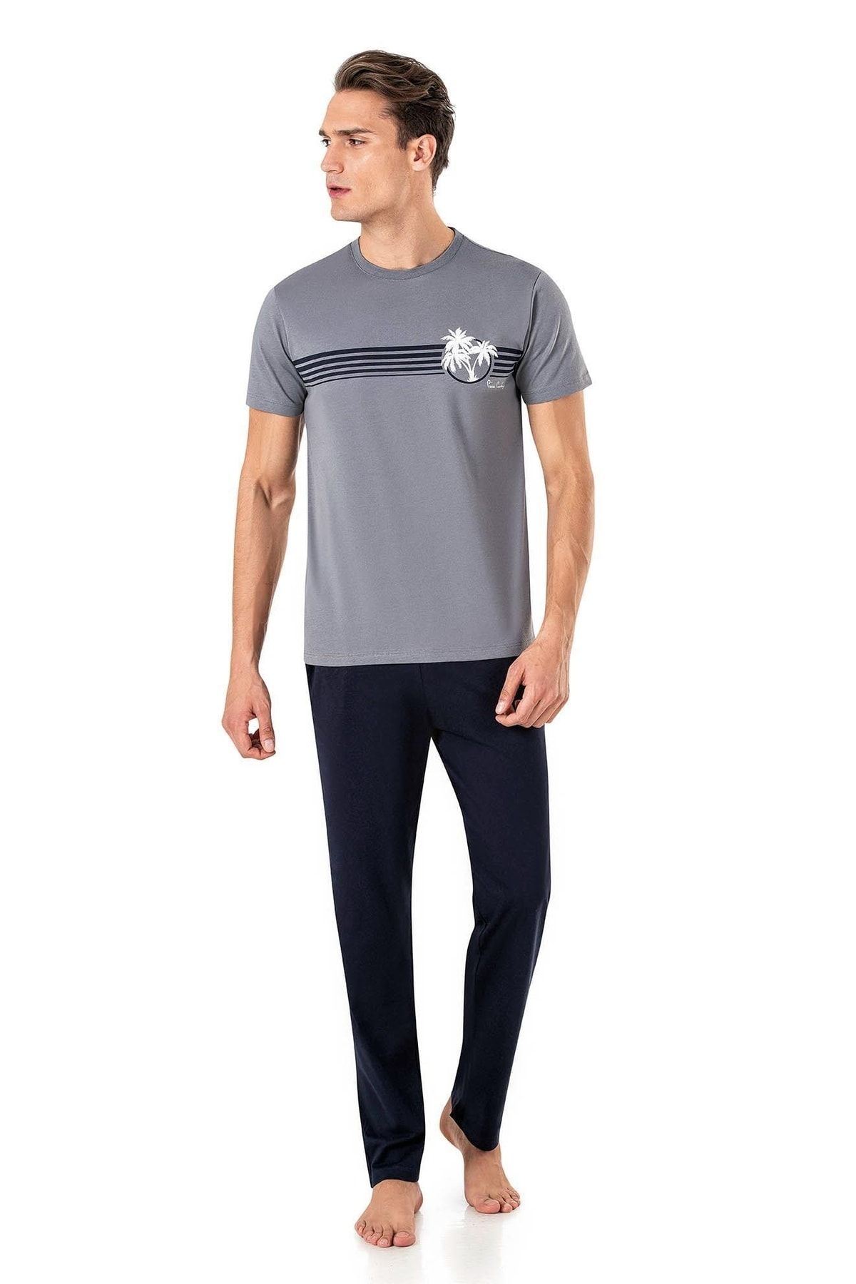 ست پیژامه خاکستری مردانه لباس خواب آستین کوتاه 6015 Pierre Cardin