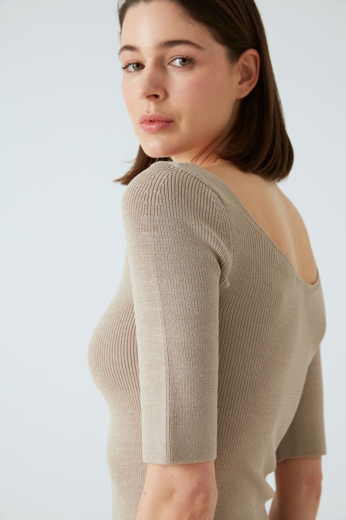 JOIN US-Half Sleeve Slit Detailed Midi Length Beige Knitwear Dress 4