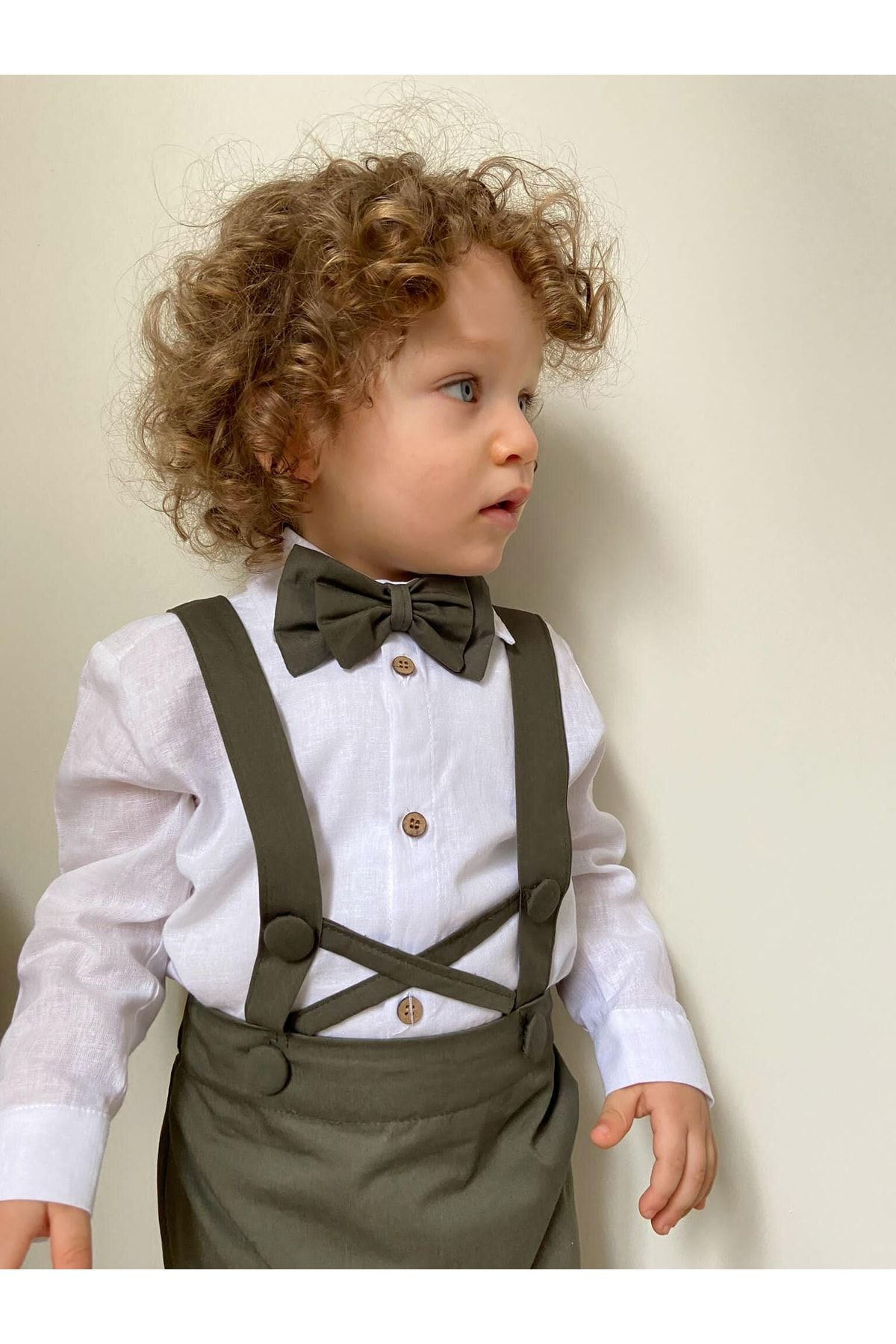 Poplinkids Haki Yeşil Rengi Çapraz Salopet Keten Gömlek Takım 159