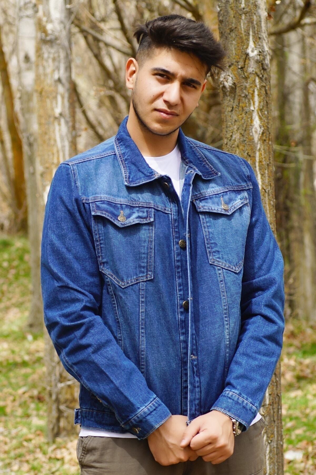 Dark blue denim jacket online mens