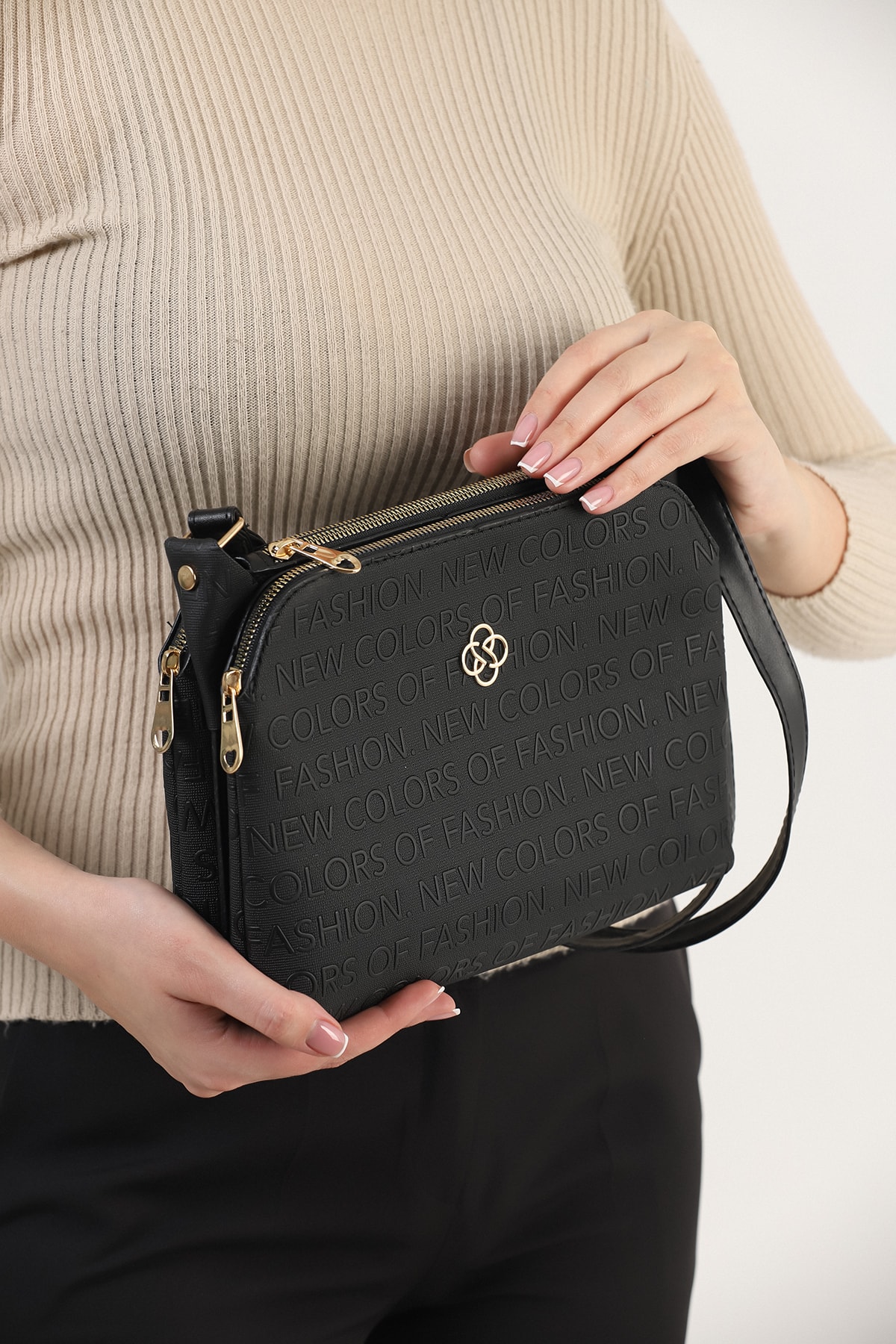 bibags Siyah Desenli Üç Bölmeli Ayarlanabilir Omuz Askı Kadın Omuz Çanta