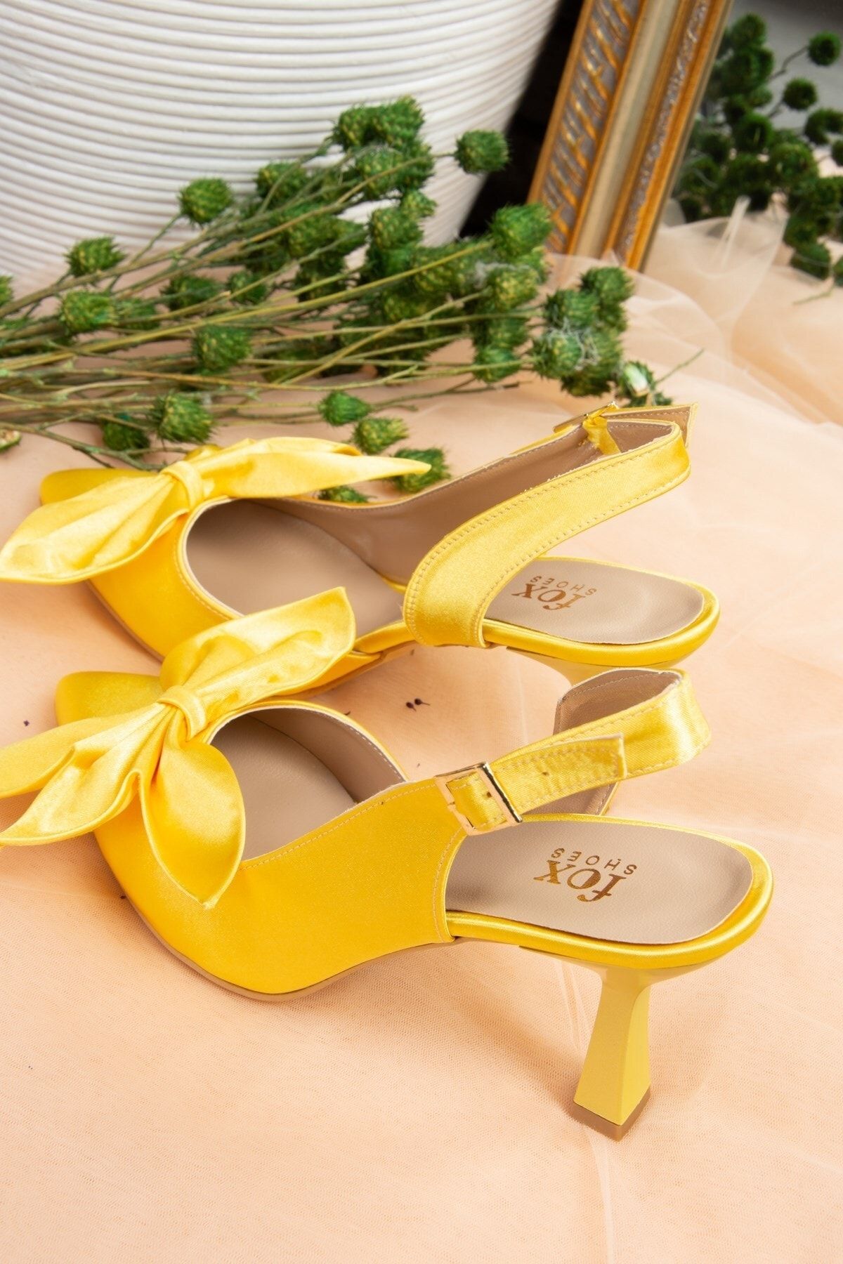 Yellow Slingback Heels with Asymmetric Bow