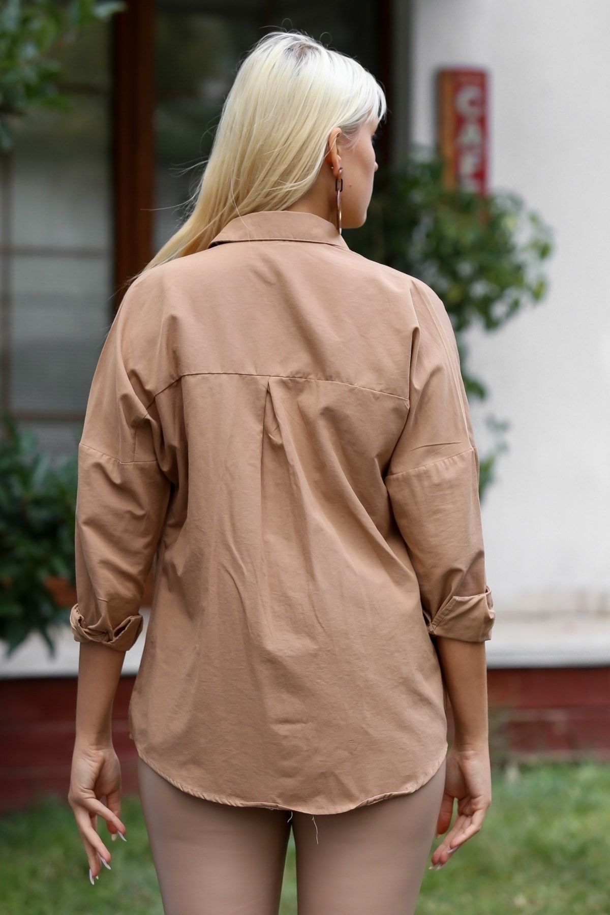 Chiccy-Γυναικείο πουκάμισο με μακρυμάνικο Camel Oversize Casual Βαμβακερό Υφαντό 2