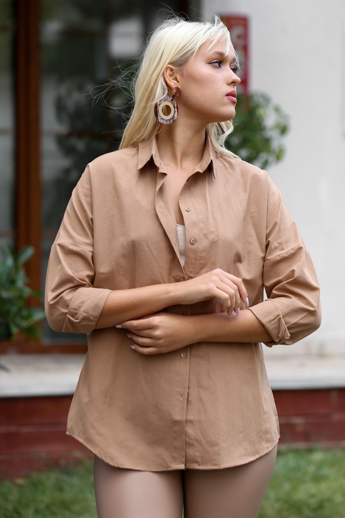 Chiccy-Γυναικείο πουκάμισο με μακρυμάνικο Camel Oversize Casual Βαμβακερό Υφαντό 3