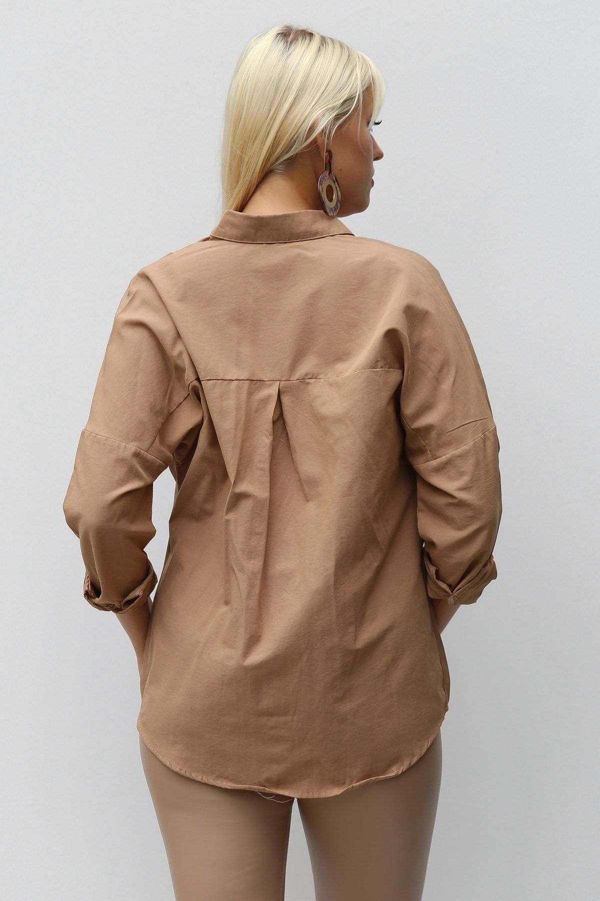 Chiccy-Γυναικείο πουκάμισο με μακρυμάνικο Camel Oversize Casual Βαμβακερό Υφαντό 6