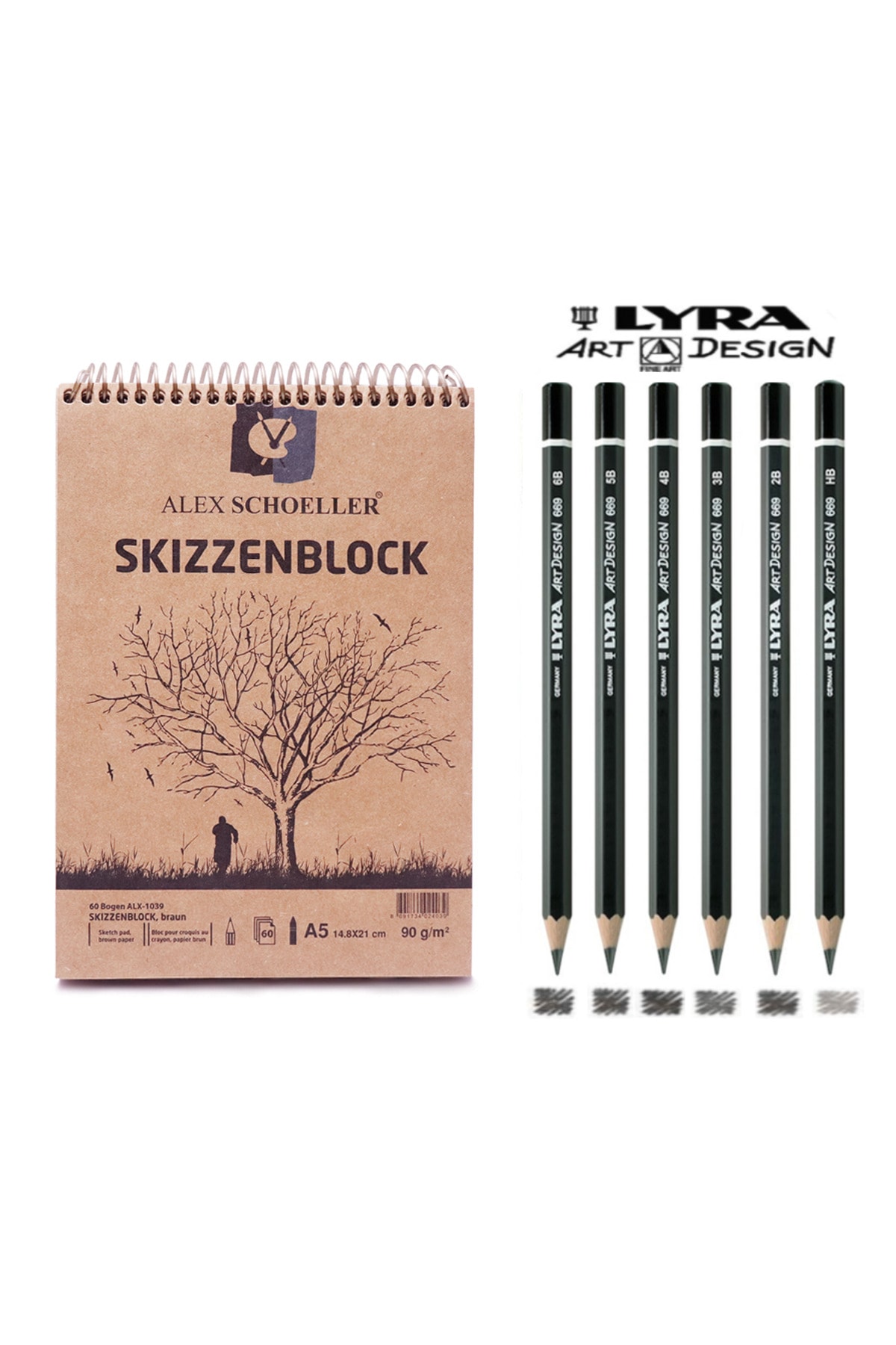 Alex Schoeller A5 60 Leaf Kraft Sketchbook Lyra Art Design Graded Pen Drawing Set