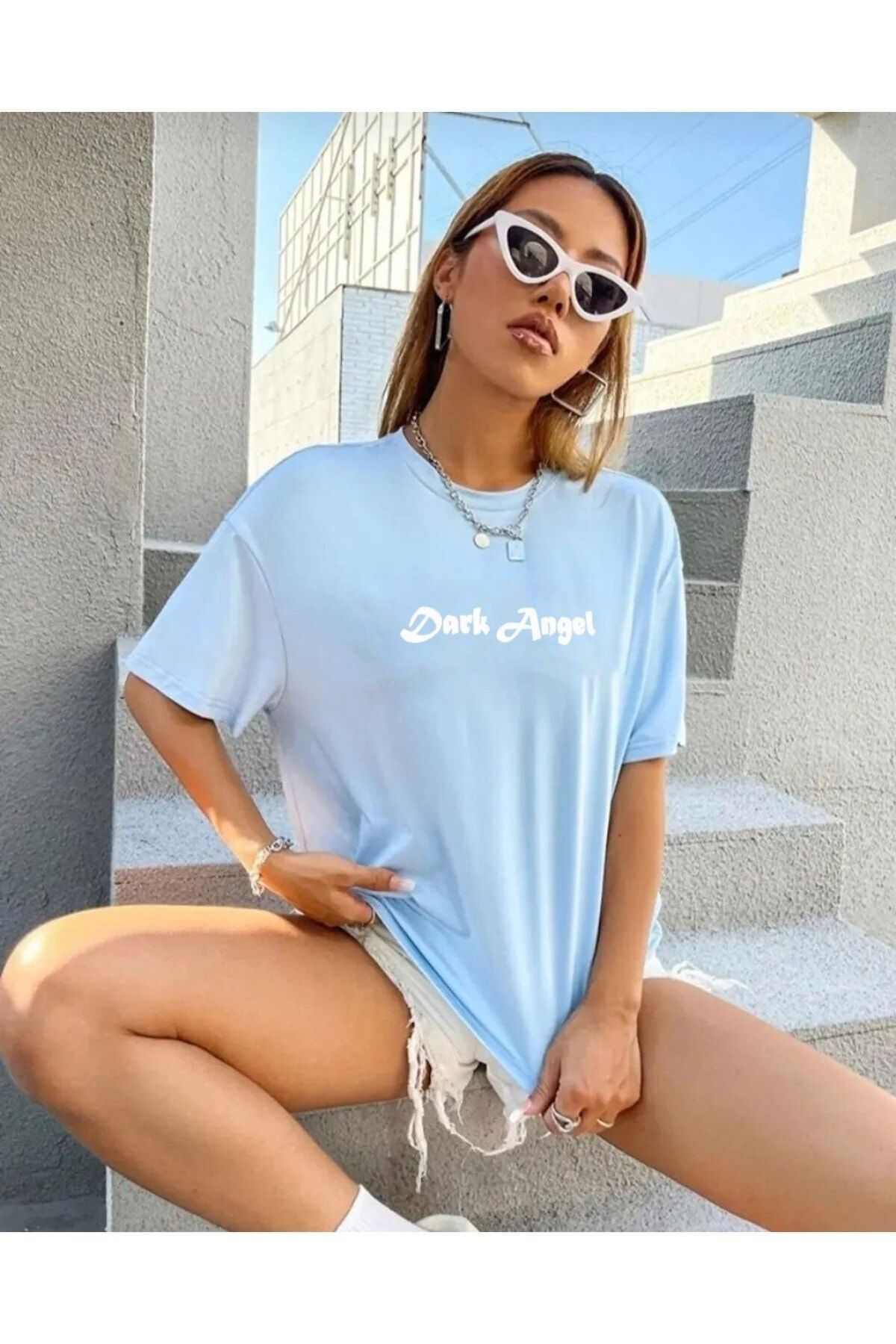 Keywest Plus Size Baby Blue Dark Angel Printed Angel Wing Oversize