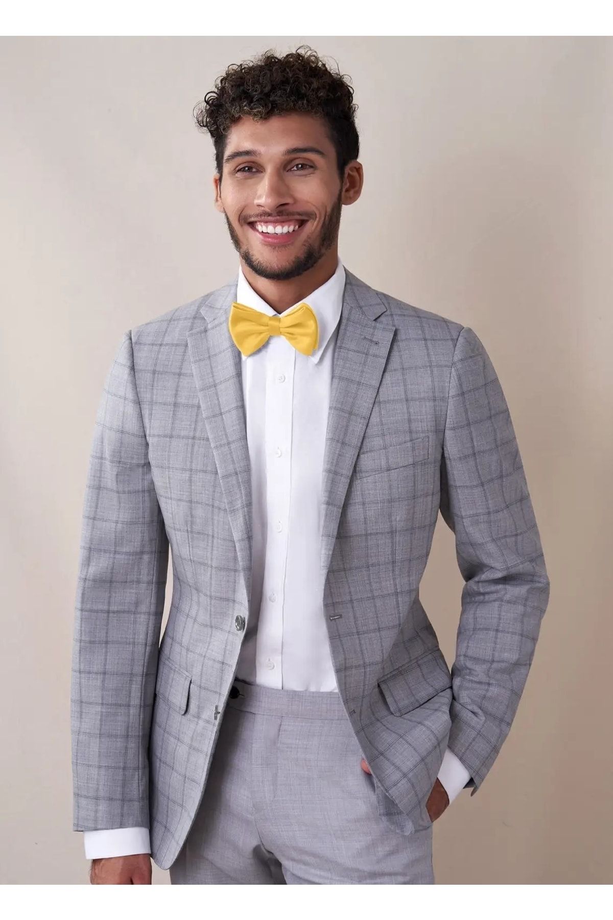 Grey tux with on sale yellow bow tie