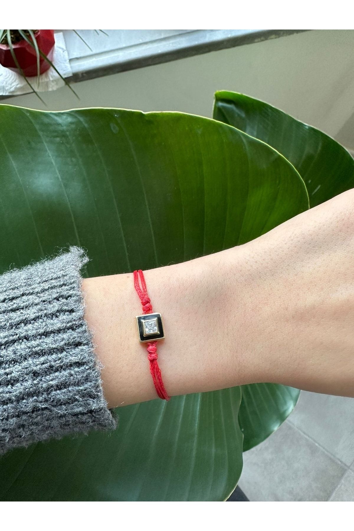 Juju-Black Enameled Red String Bracelet with Stones on the Middle 2
