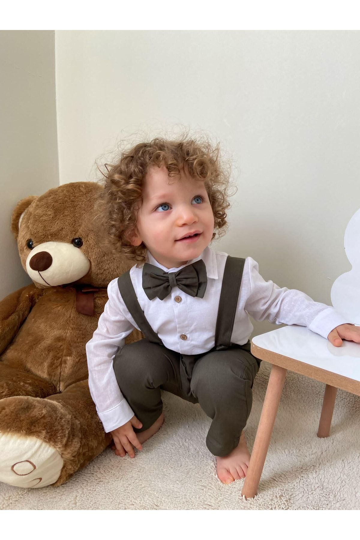 Poplinkids Haki Yeşil Rengi Çapraz Salopet Keten Gömlek Takım 159