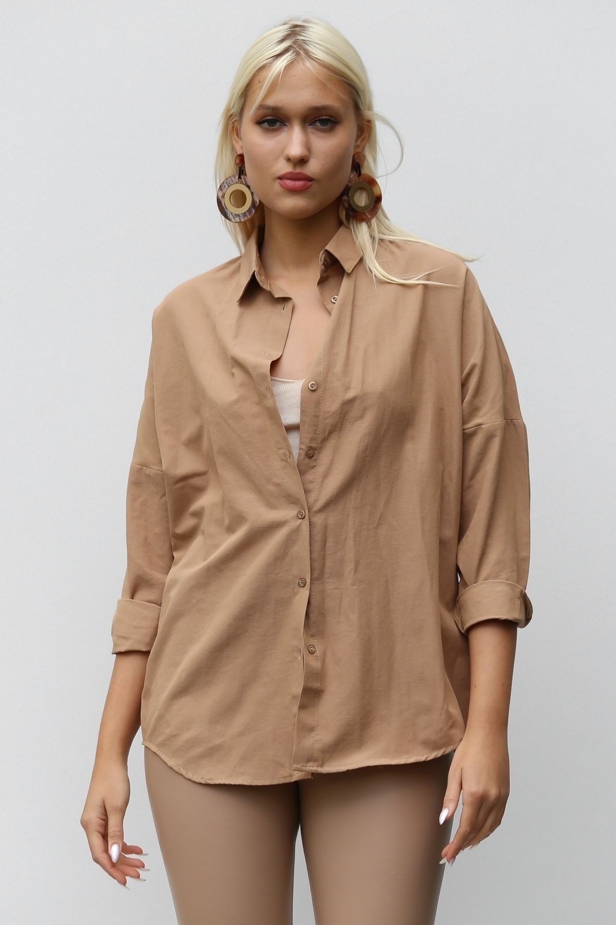Chiccy-Γυναικείο πουκάμισο με μακρυμάνικο Camel Oversize Casual Βαμβακερό Υφαντό 7
