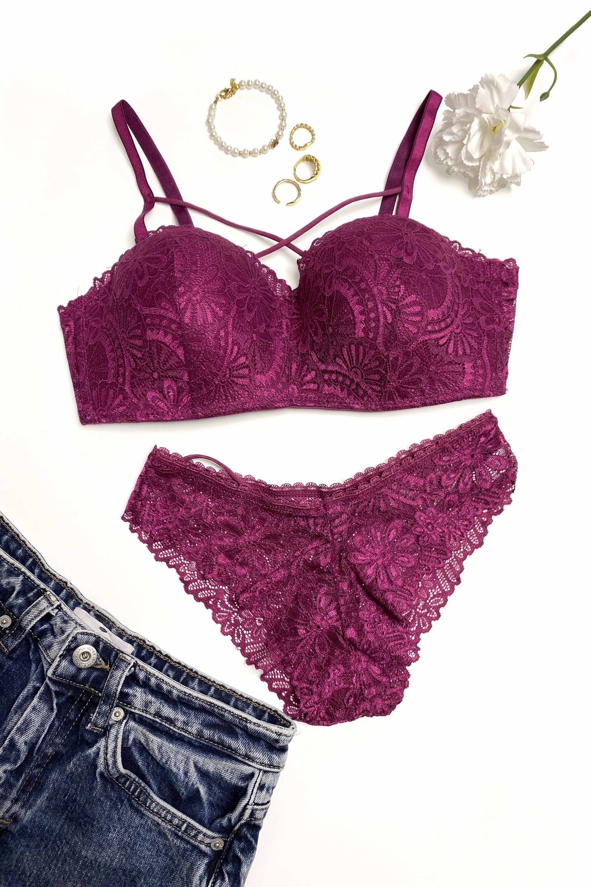 Damson Lace Detailed Underwired Lotus Bra Set