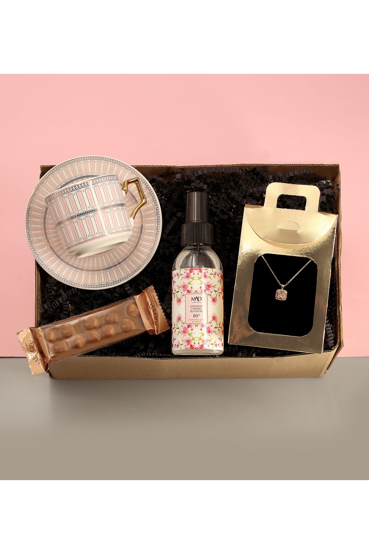 Jolly Pink Cup & Cherry Blossom Cologne & Melodi Chocolate & Gold Color Square Zircon Necklace