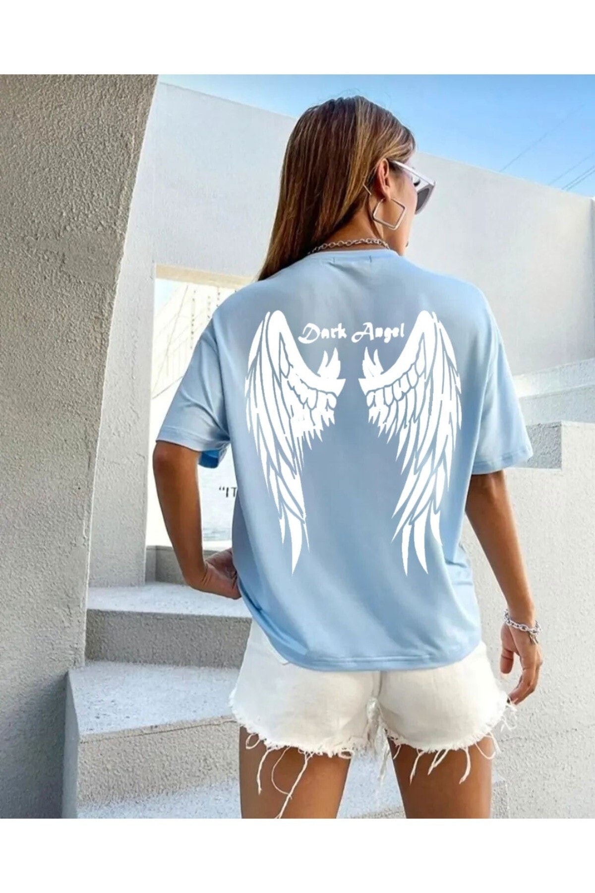 Plus Size Dark Angel Printed Baby Blue Oversized Combed Cotton T-shirt