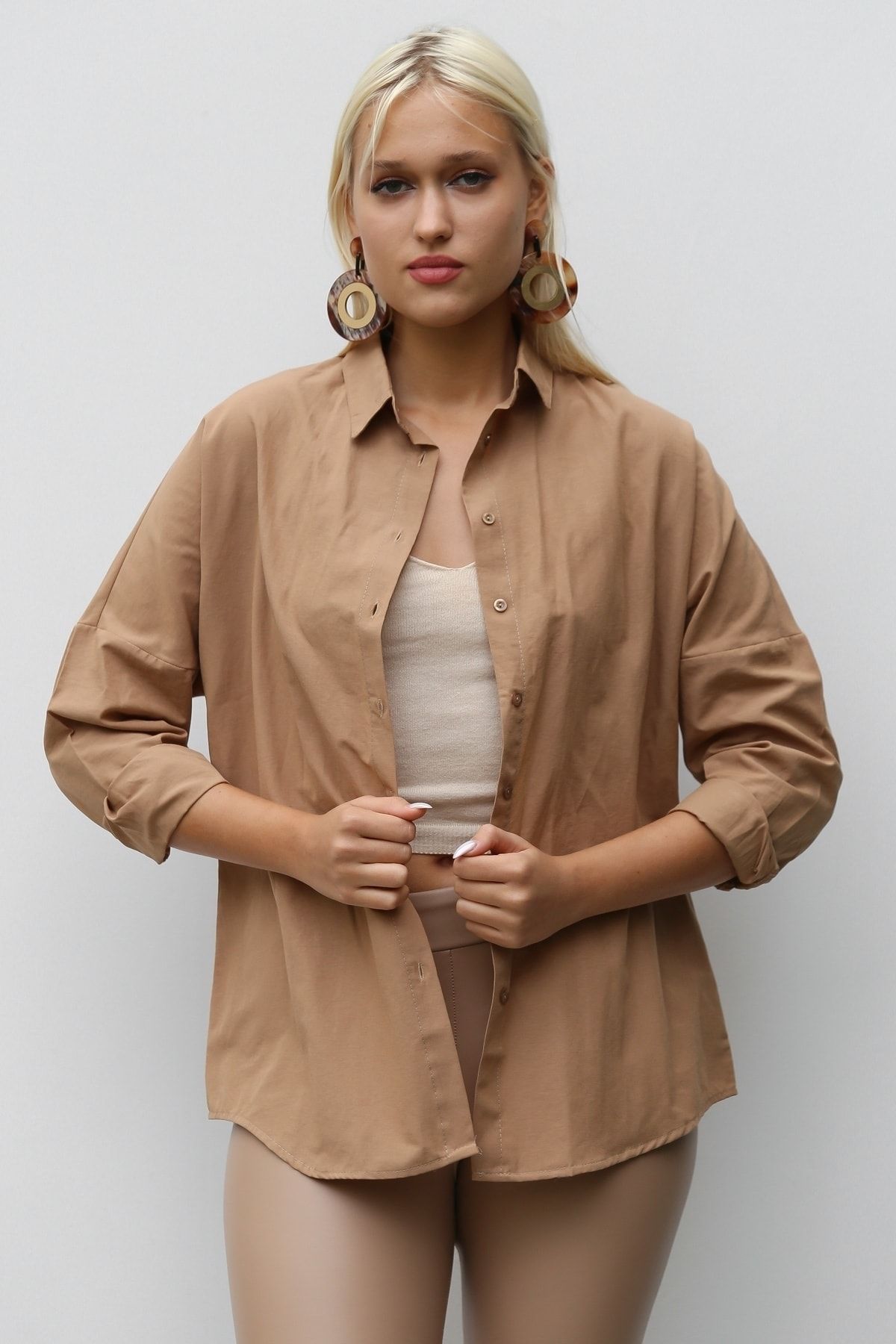 Chiccy-Γυναικείο πουκάμισο με μακρυμάνικο Camel Oversize Casual Βαμβακερό Υφαντό 5