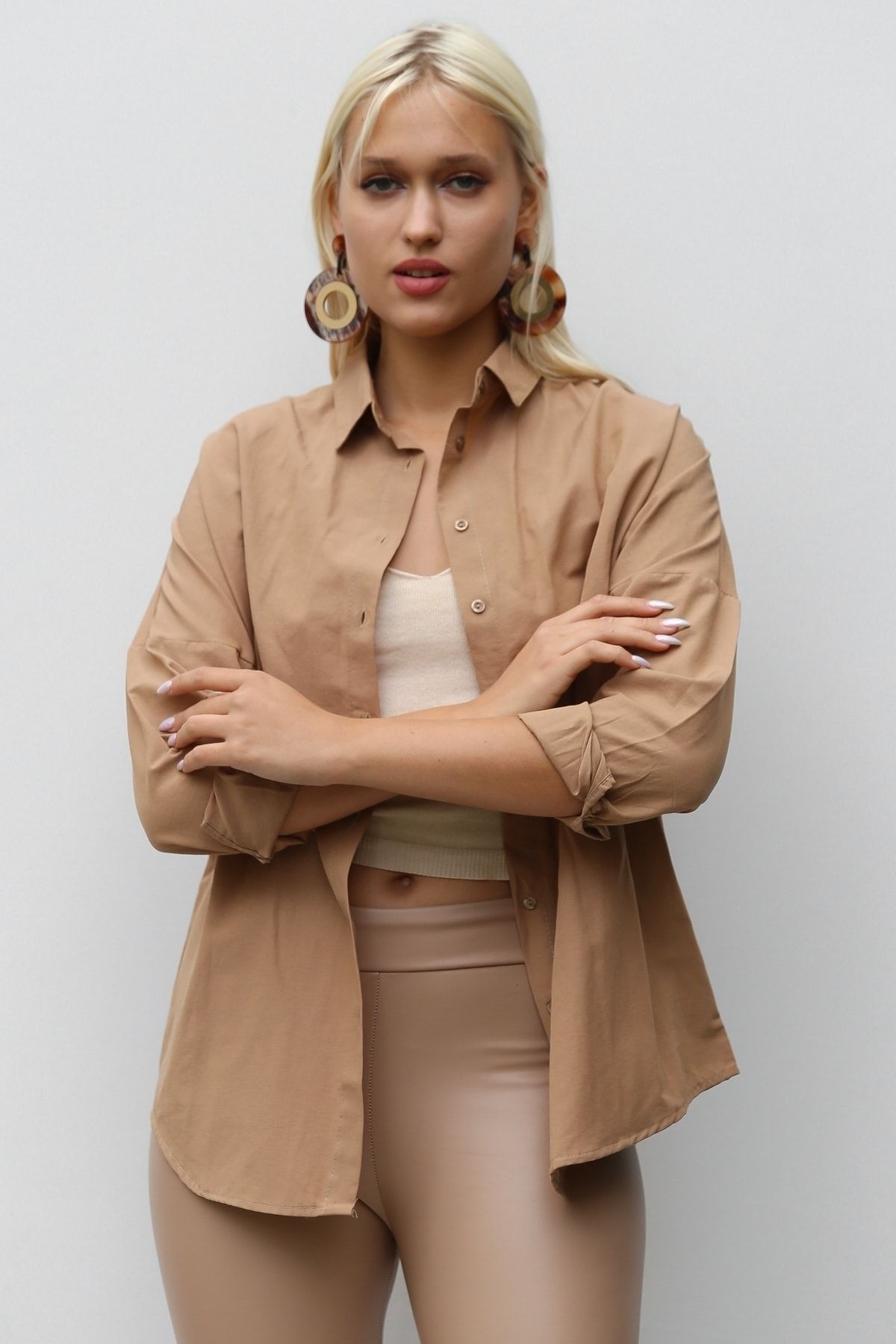 Chiccy-Γυναικείο πουκάμισο με μακρυμάνικο Camel Oversize Casual Βαμβακερό Υφαντό 8