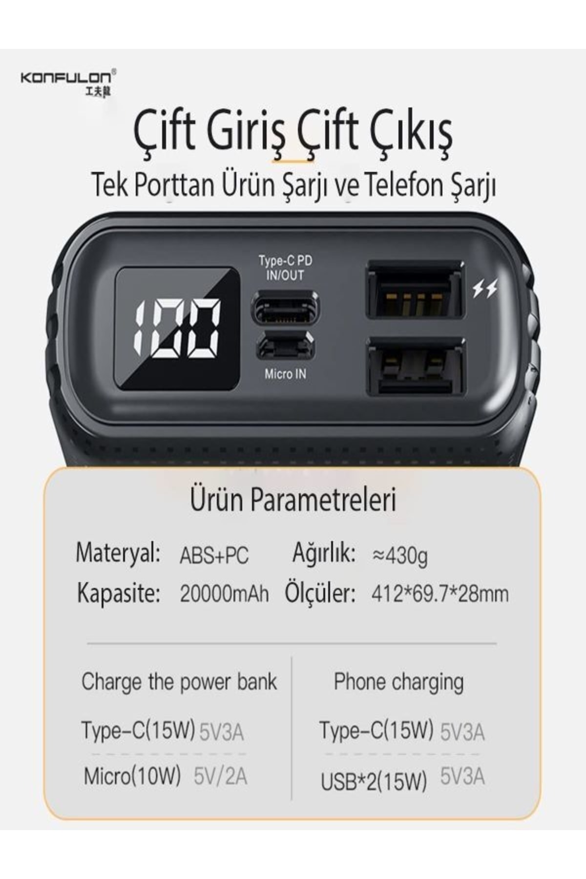 Powerbank 20.000mah Lityum Polimer Batarya 15w 3 Çıkışlı A-30 Güç Bankası 20.000mah 2