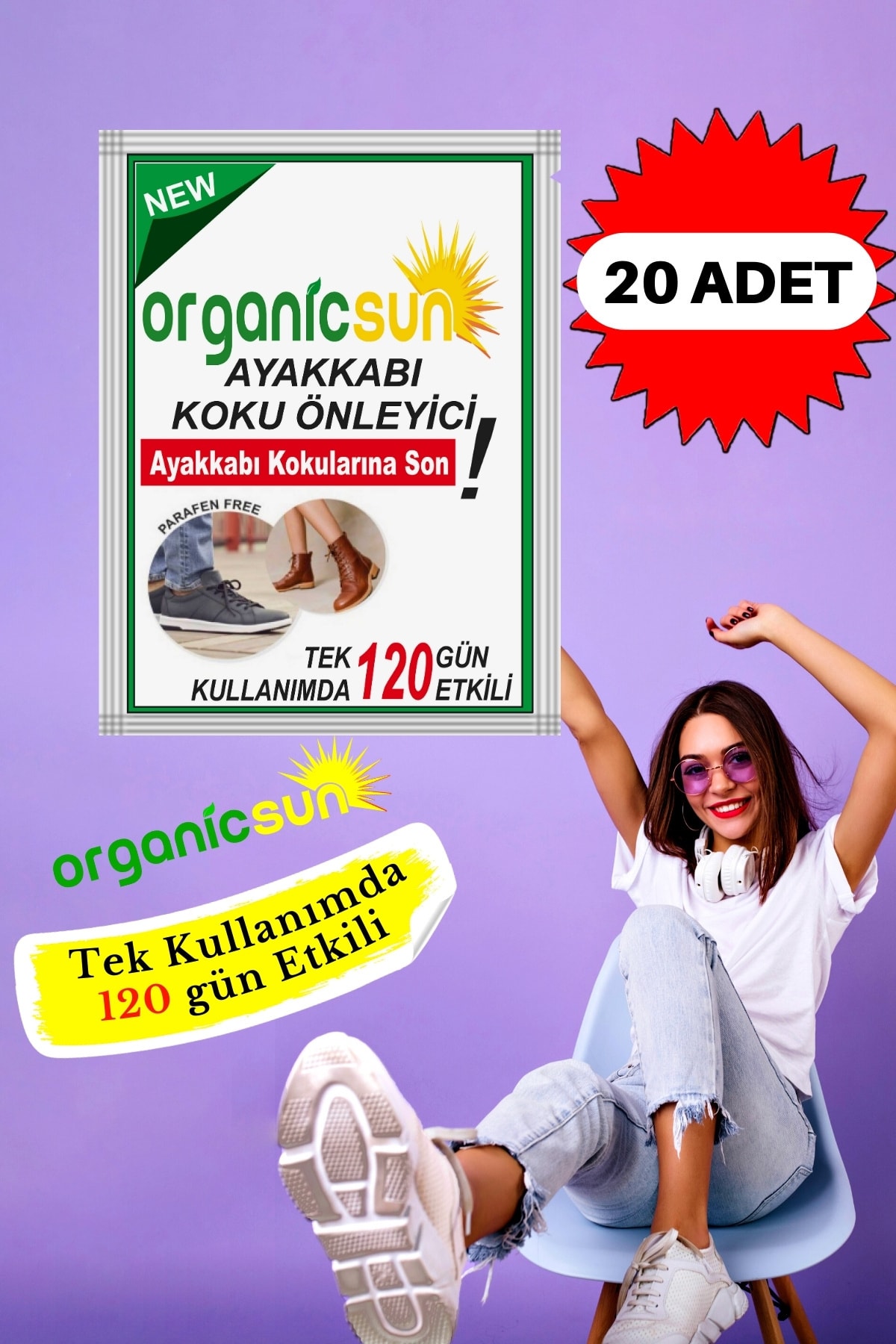 Organicsun 20'li Paket Ayakkabı Koku Önleyici Giderici Toz 120 Gün Etkili Ayak Kokusu Tozu Giderici