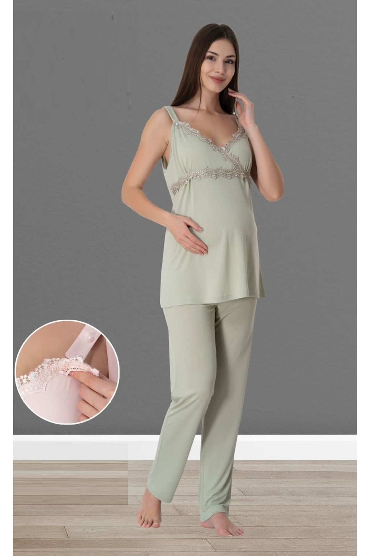 by İGP-Effortt Green Women's Pregnant Maternity Dressing Gown Nightgown and Pajama Set 9036 3
