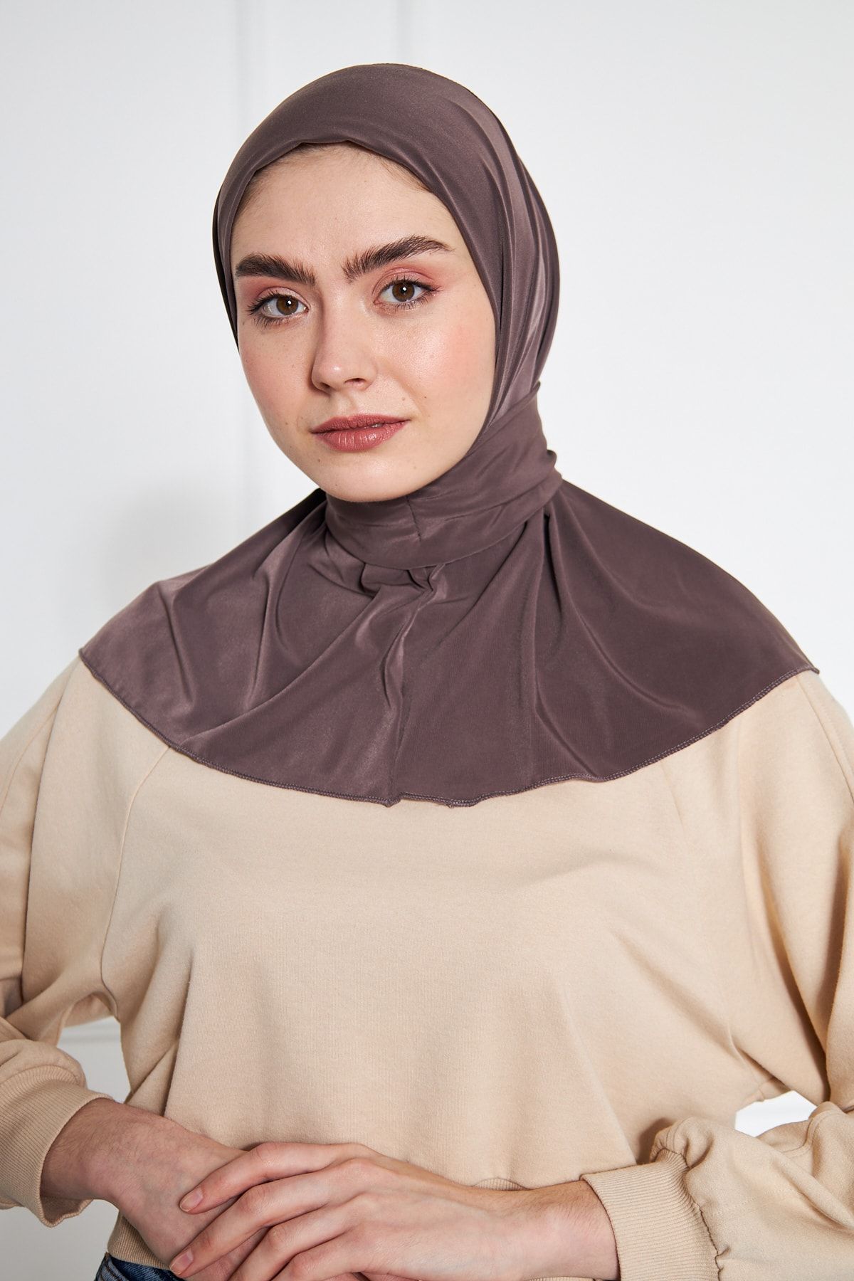 LEVİNA-Athletic Hjab Bonnet Ready Shawl Snap Scarf Mink 2