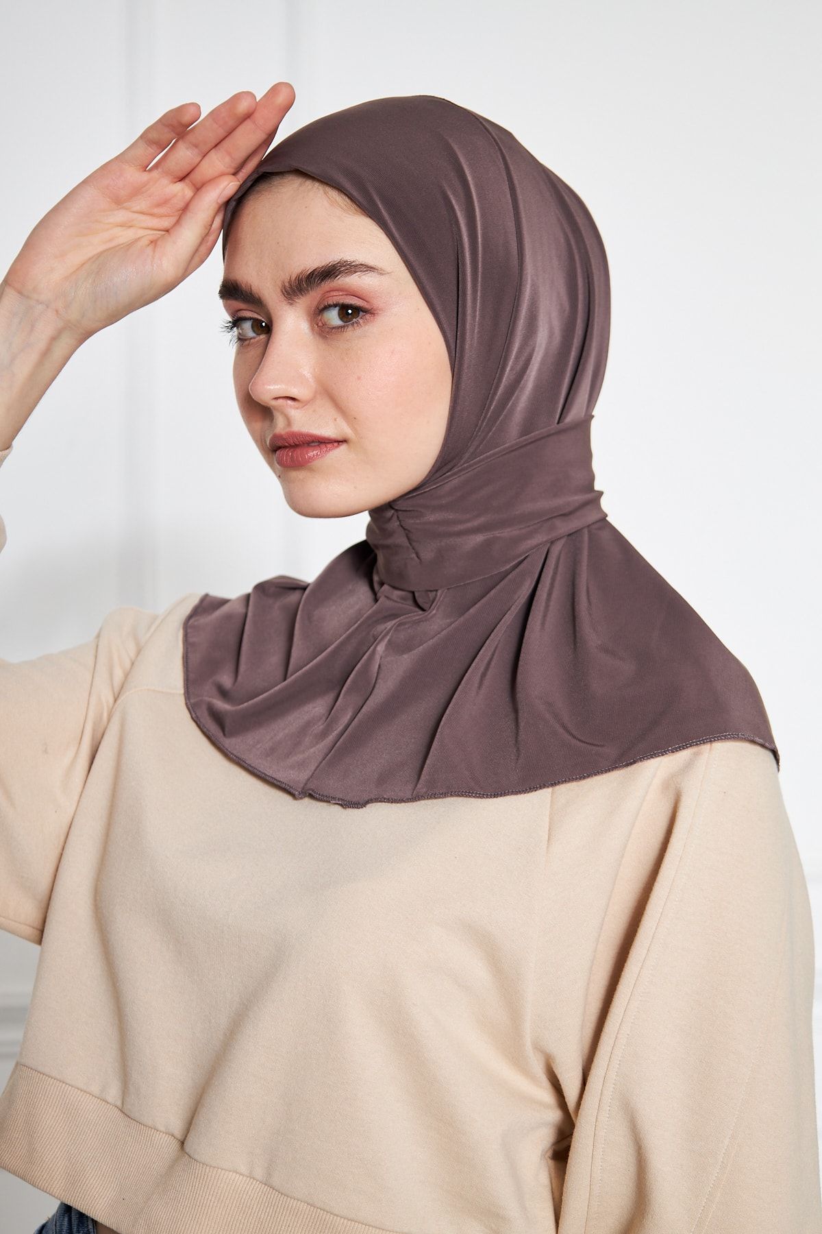 LEVİNA-Athletic Hjab Bonnet Ready Shawl Snap Scarf Mink 4