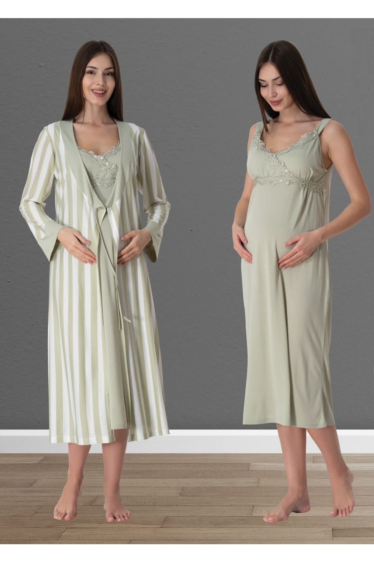 by İGP-Effortt Green Women's Pregnant Maternity Dressing Gown Nightgown and Pajama Set 9036 2
