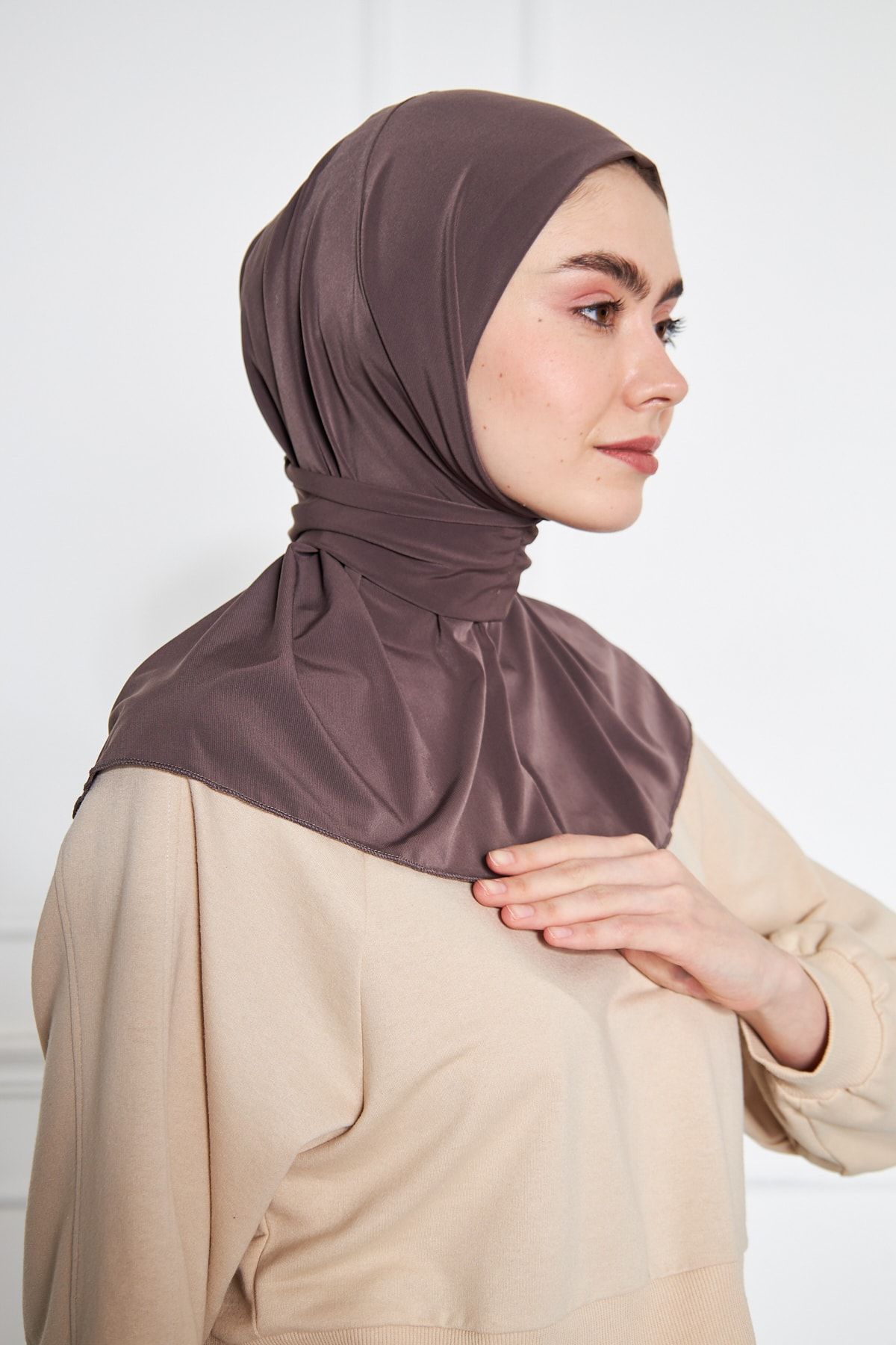 LEVİNA-Athletic Hjab Bonnet Ready Shawl Snap Scarf Mink 3