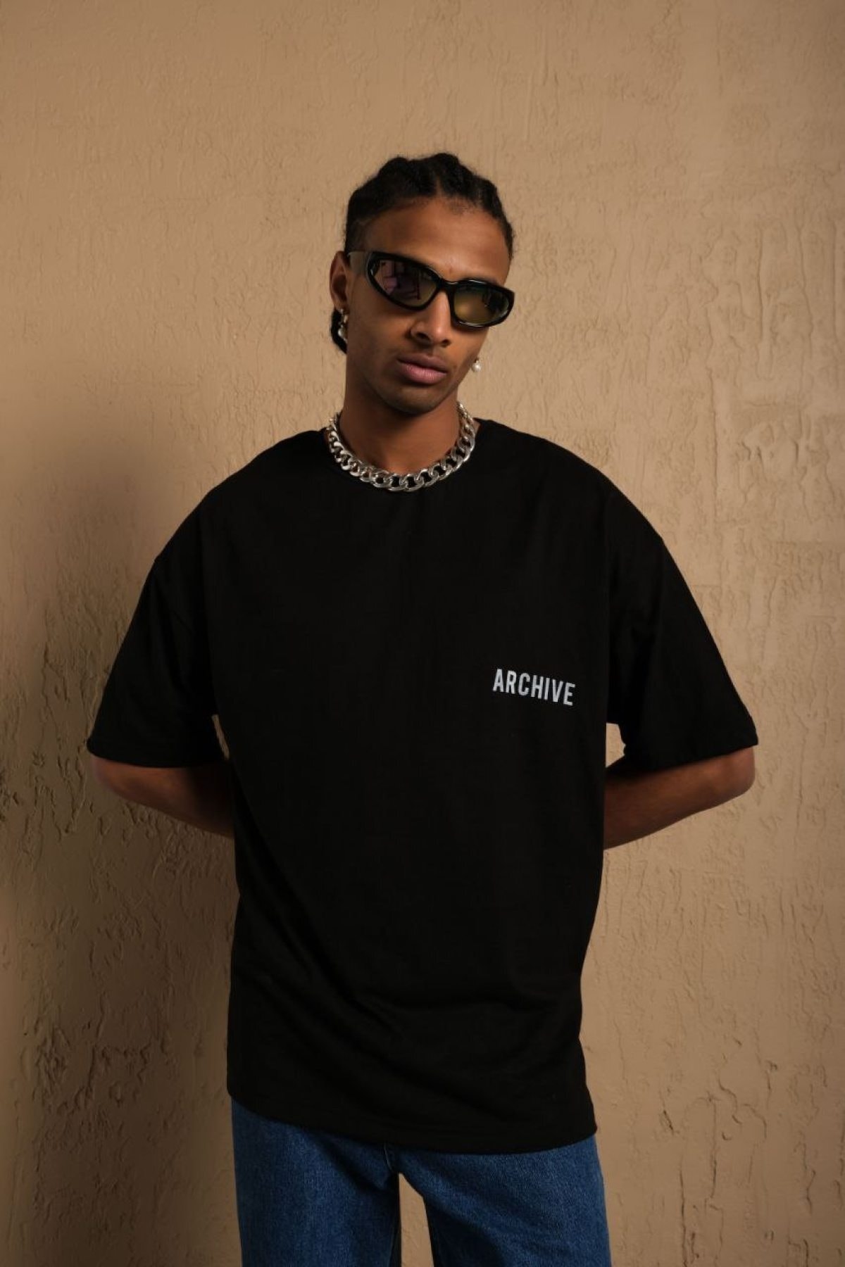 Archive Baskılı Oversize%100 Pamuk Unisex Siyah T-shirt
