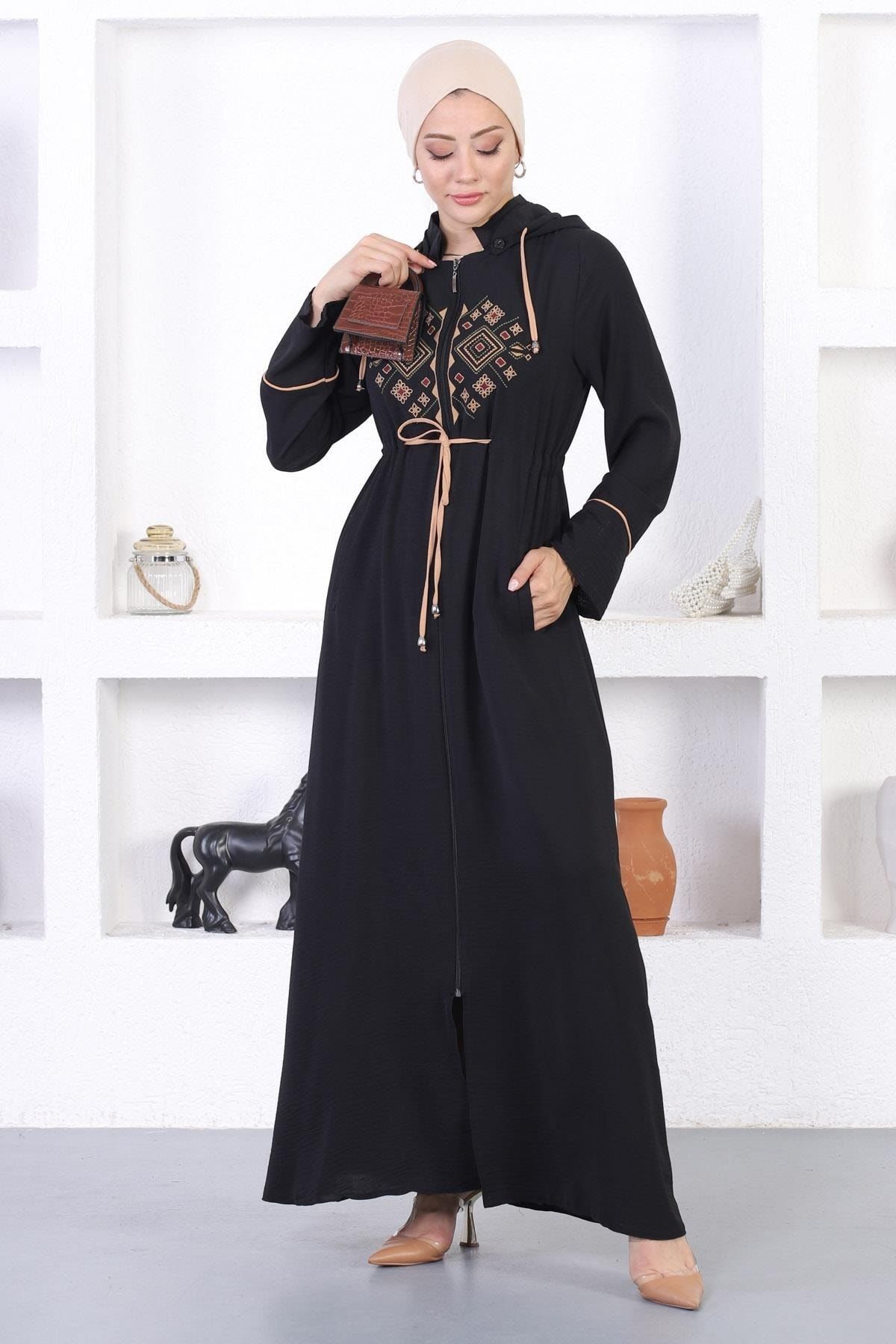 ModaMihram Embroidered Hooded Abaya Tan 12210 Trendyol
