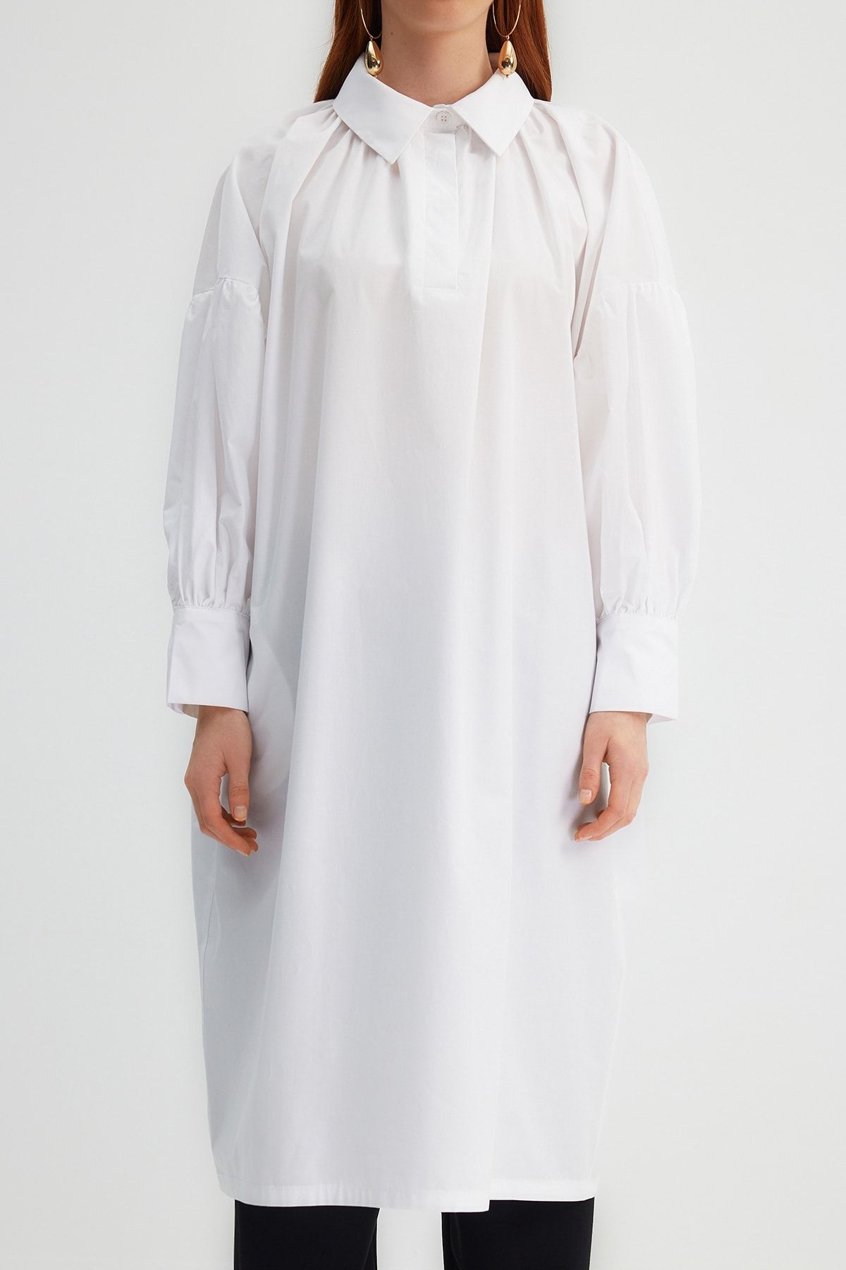 Trendyol Modest-X Kevser Sarıoglu White Half Placket Drawstring Detailed 100% Cotton Poplin Woven Tunik TCLSS23UK00002 4