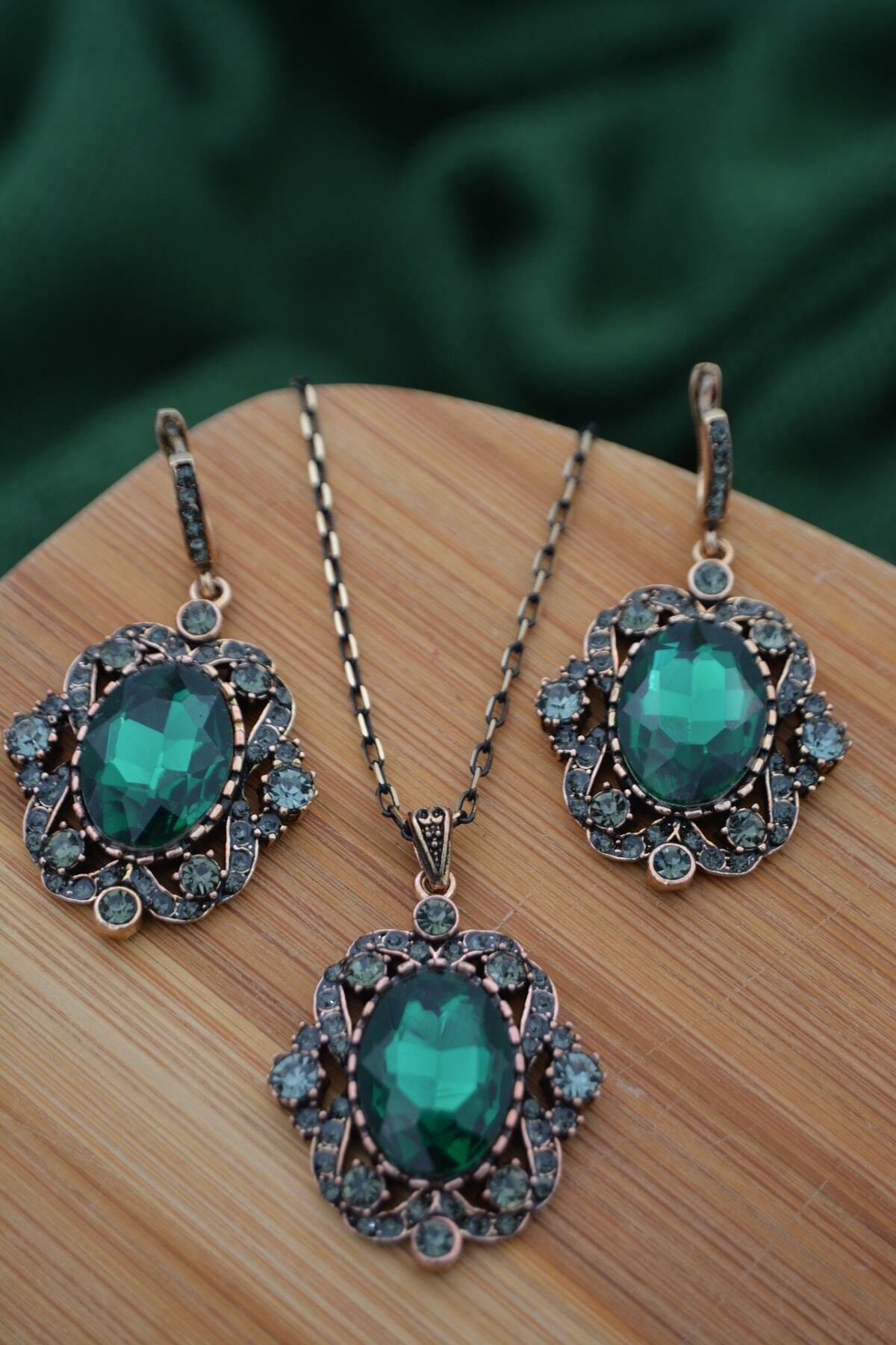 Stoneage-Emerald And Zircon Stone Necklace And Earring Set Set Green 2