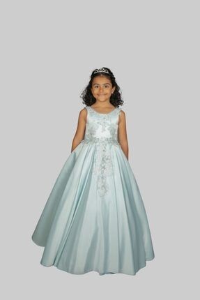 Kız Çocuk Mavi İşlemeli Kuyruklu Abiye Elbisesi snn10