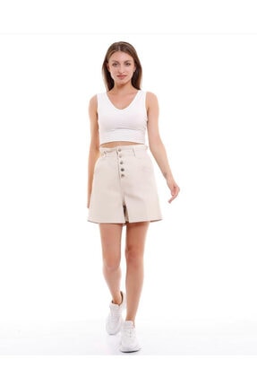 efstyle Kadın Bej Beli Lastikli Kot Şort