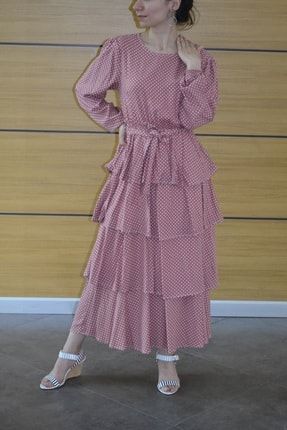 Kadın Gül Kurusu Puantiyeli Uzun Kol Salaş Elbise SMYRN3135