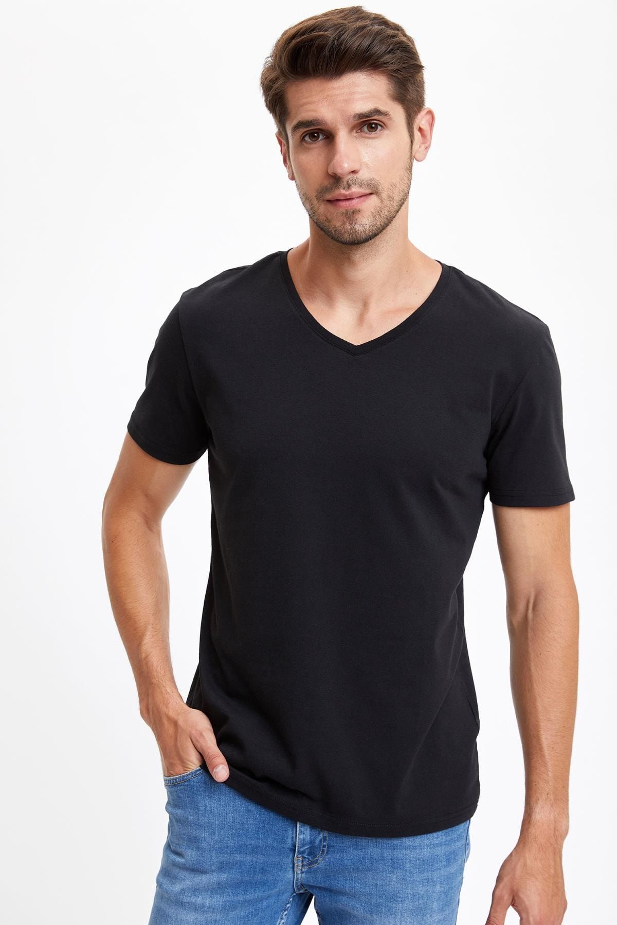 Defacto Erkek Siyah Slim Fit V Yaka Basic Tisort S3930az20sm Trendyol