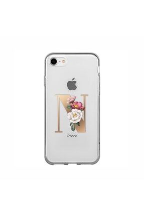 Iphone 7 Şeffaf Kılıf Gold Renkli Çiçekli N Harfli Desenli MCGHIPH716