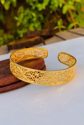 Midyat Elişi Telkari Tasarım 925 Ayar Gümüş Altın Kaplama Kadın Bilezik MATG41992-255