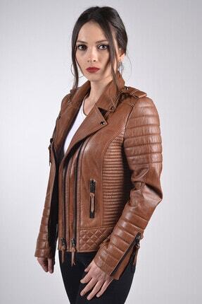 Alin Venus Sari Biker Bayan Deri Ceket Trendyol