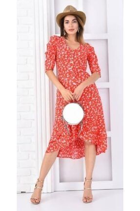 Kadın Kırmızı Desenli Kolları Modelli Rahat Şık Bayan Elbise 55109287