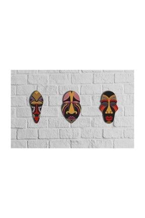Dekoratif Üçlü Ahşap Tablo Otantik Maske Kabile Mask Süs msk04