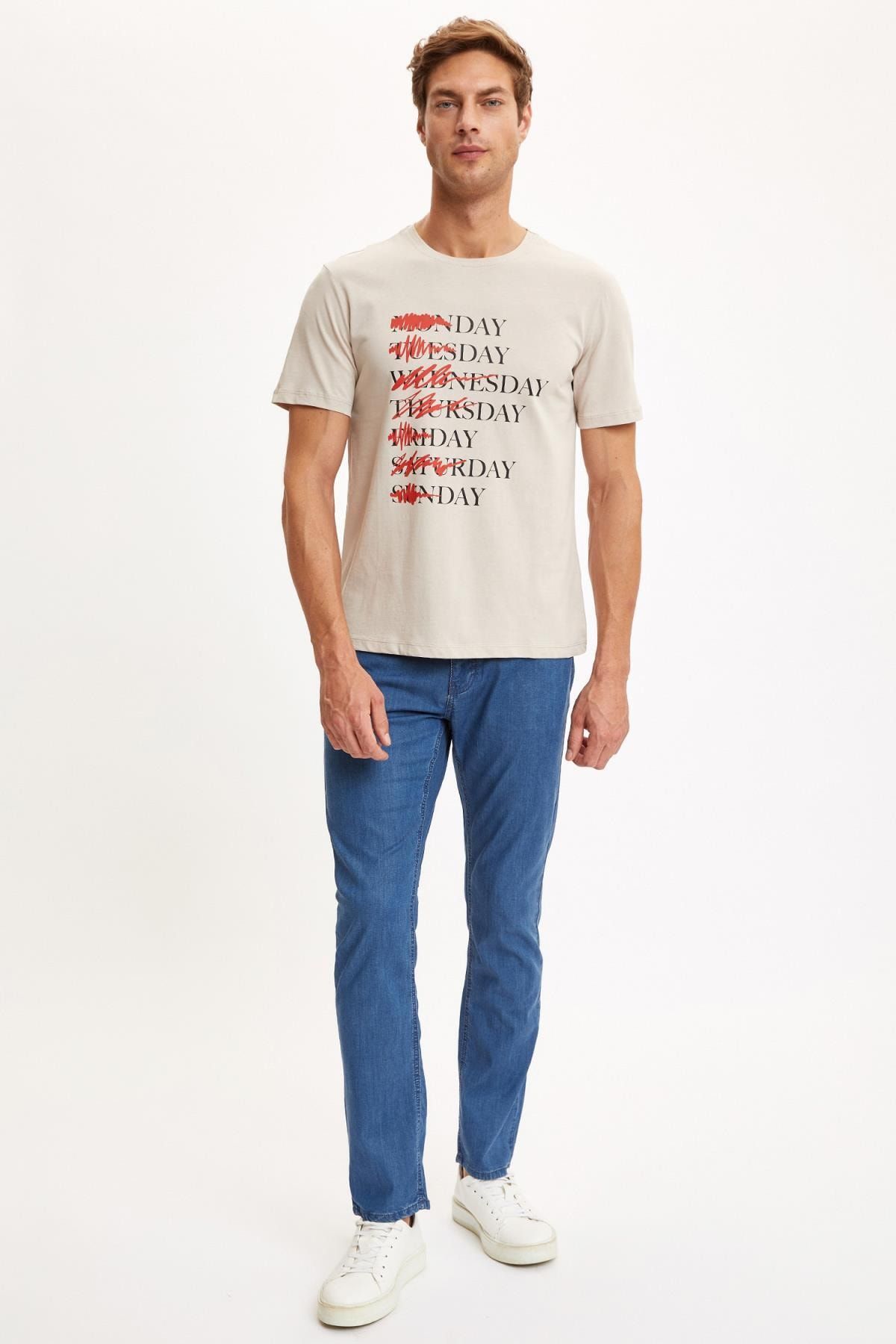 Defacto Erkek Gri Baskili Bisiklet Yaka Regular Fit Pamuklu Tisort S5343az20hs Trendyol