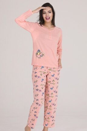 Kadın Somon Düğmeli Kelebek Nakışlı Omzu Dantelli Örme Pijama Takımı 021541