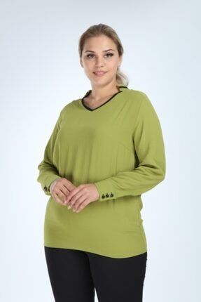 Kadın Yeşil Büyük Beden Uzun Kol Biyeli V Yaka Bluz L2324