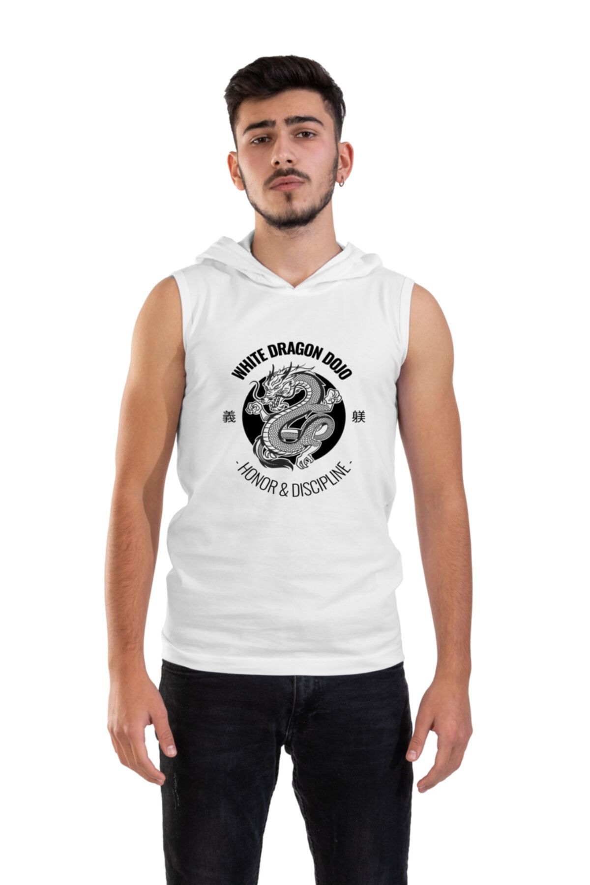 Raf Coll Tricou Fără Mâneci Cu Glugă Alb Unisex Dragon Dojo Imprimat Digital Unisex - XS