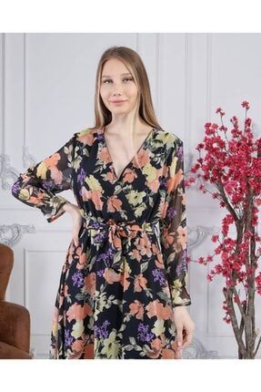 Kadın Siyah Çiçek Desenli Uzun Şifon Elbise 224559