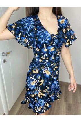 Kadın Mavi Çiçekli Elbise 3210